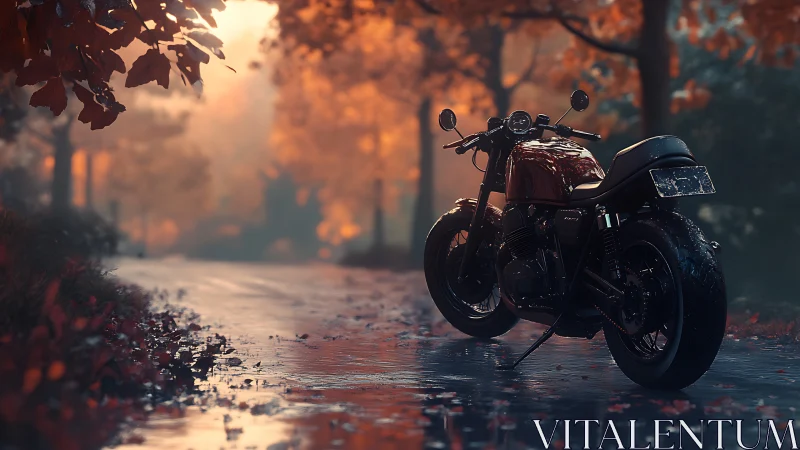 Photorealistic caf&eacute; racer on wet autumn forest roadway.
