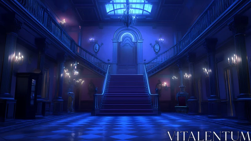 Midnight grand staircase glows in a quiet, mysterious hall