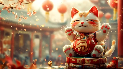 Lucky Cat in Golden Sanctuary with Red Lanterns.