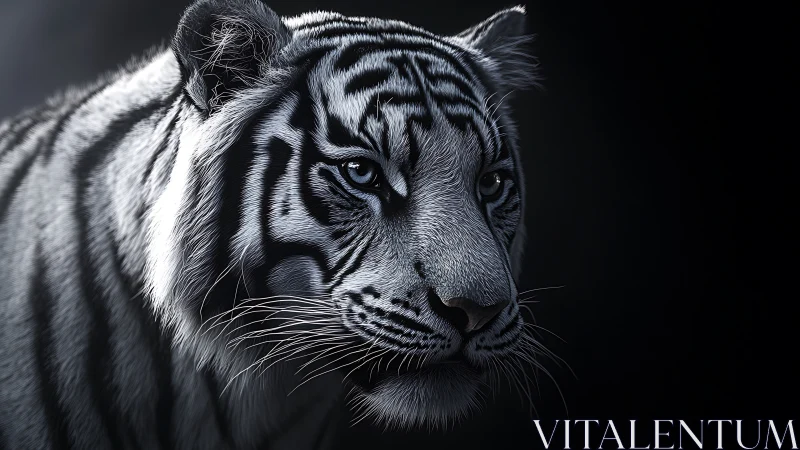 White tiger portrait in side profile on dark background.