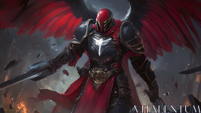 Winged crimson knight strides through a storm of embers.