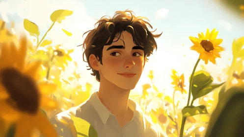 Young person standing in sunflower field under bright sky.