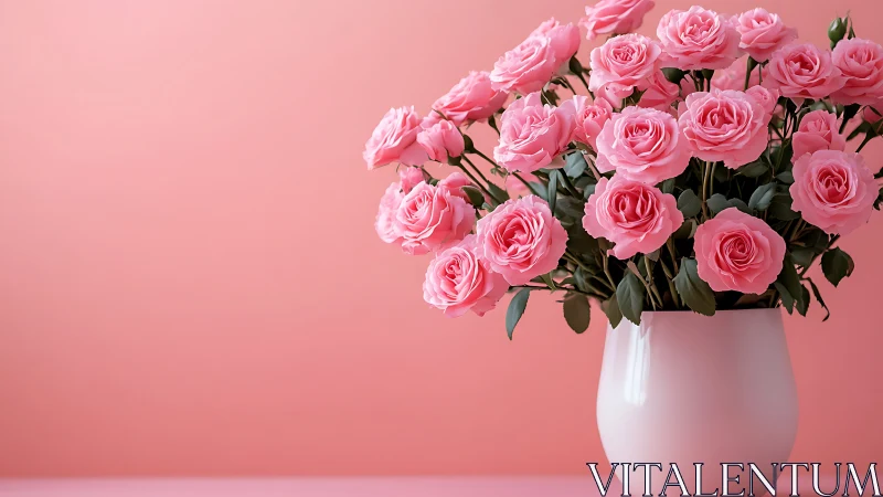 Pink roses in white ceramic vase against monochromatic background.