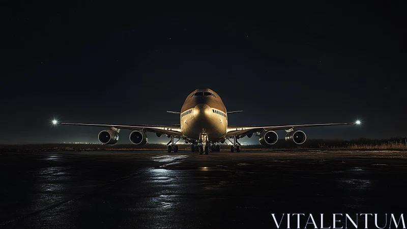 Wide-body jet airliner is parked on an unlit night runway