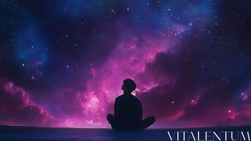 Dreamer resting under a glowing pink and blue night sky.