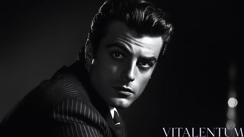 Moody noir portrait captures brooding man in pinstripe suit.