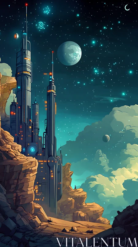 Starlit cliffside city rises calmly beneath distant moons