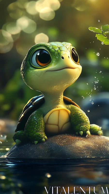 Stylized baby turtle rendered in luminous 3D cinematic lighting