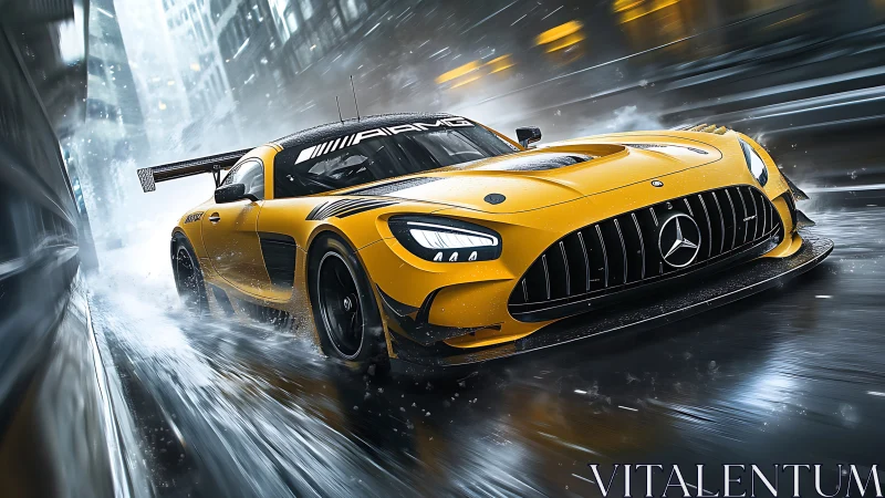 Yellow Mercedes GT race car powers through wet neon city street