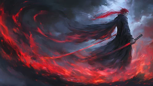 Crimson-haired warrior commands swirling fire in stormy twilight