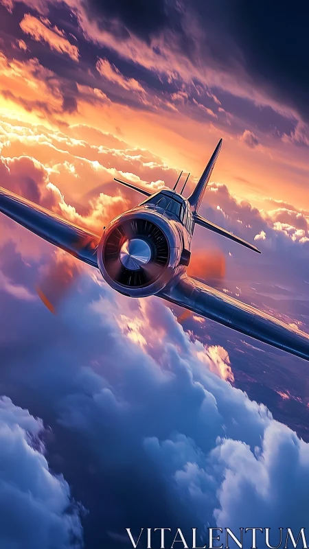 Vintage fighter plane cuts through blazing sunset clouds.