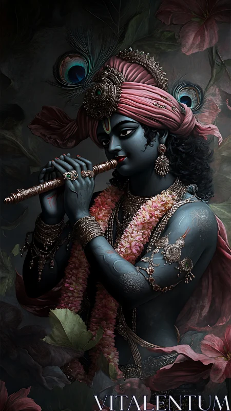Divine blue-skinned flute deity with ornate jewelry and florals