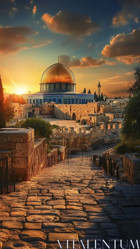 Stone pathway leads to domed complex under low sunset light