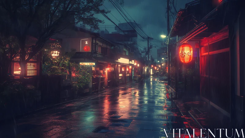 Rain-soaked Japanese alleyway reflects neon lantern luminance