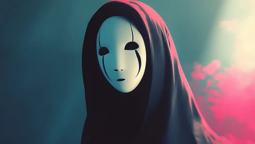 Digital painting of hooded mask figure in soft neon chiaroscuro.