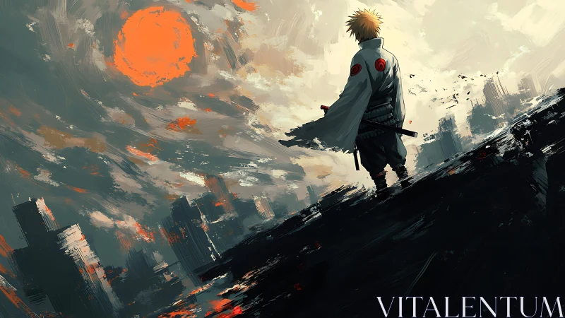 Lone anime warrior overlooking abstract ruined skyline.