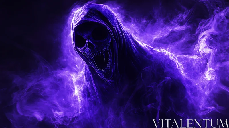 Hooded skeletal figure in purple spectral smoke profile.