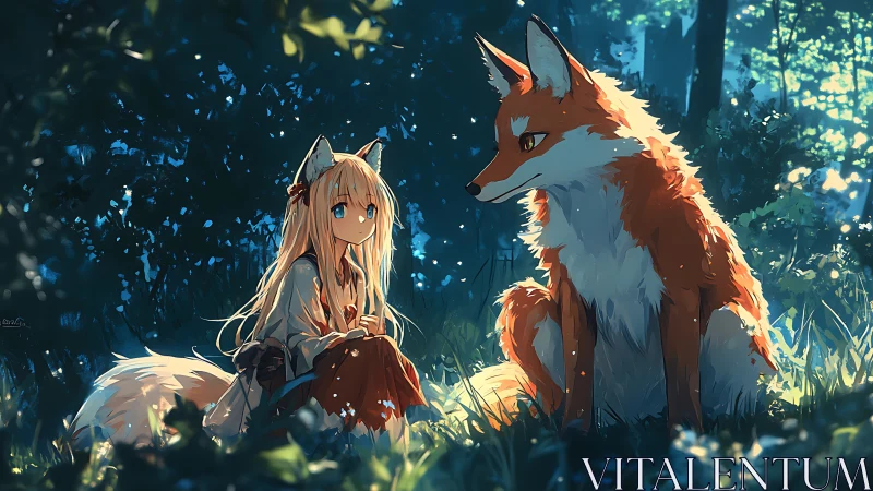 Gentle forest moment where a fox girl and fox quietly connect