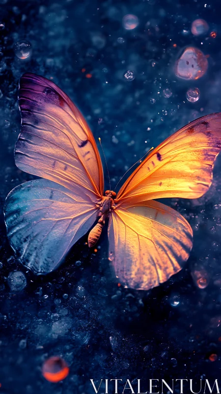 Luminescent butterfly macro on deep bokeh field composition.