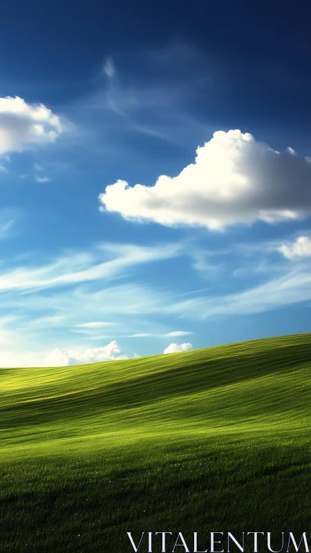 Green hillside under deep blue sky with bright clouds.