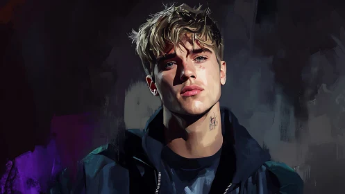 Digital portrait of young man in jacket on dark backdrop.