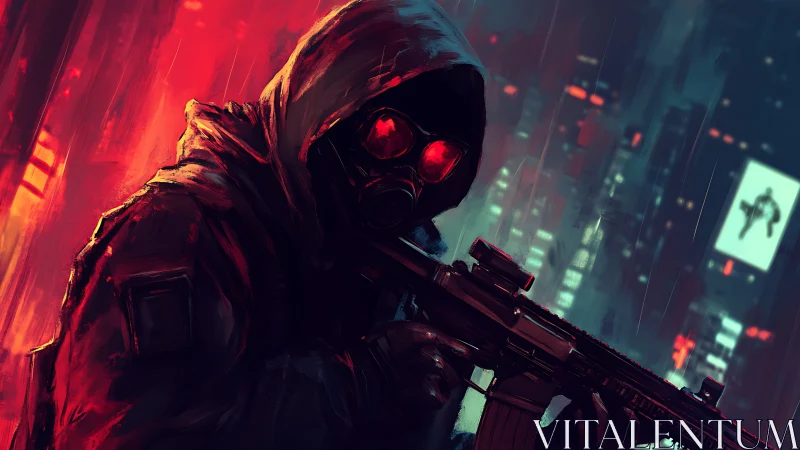 Hooded figure with rifle stands before illuminated cityscape