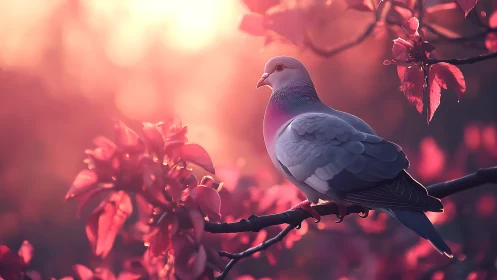 Elegant pigeon perched on flowering branch at sunset, dreamy style.