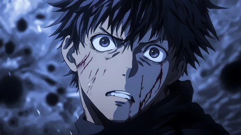 Injured anime character stares forward against blurred backdrop