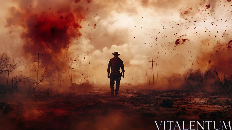 Lone cowboy silhouette crossing explosive red dust storm.
