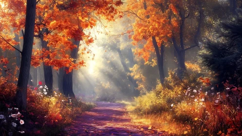 Enchanted Autumn Forest Path Glowing with Golden Light