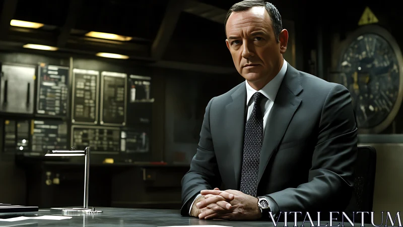 Photorealistic executive portrait in control-room interior design.