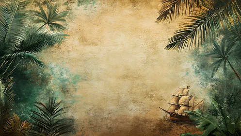 Vintage tropical seascape with sailing ship and foliage.