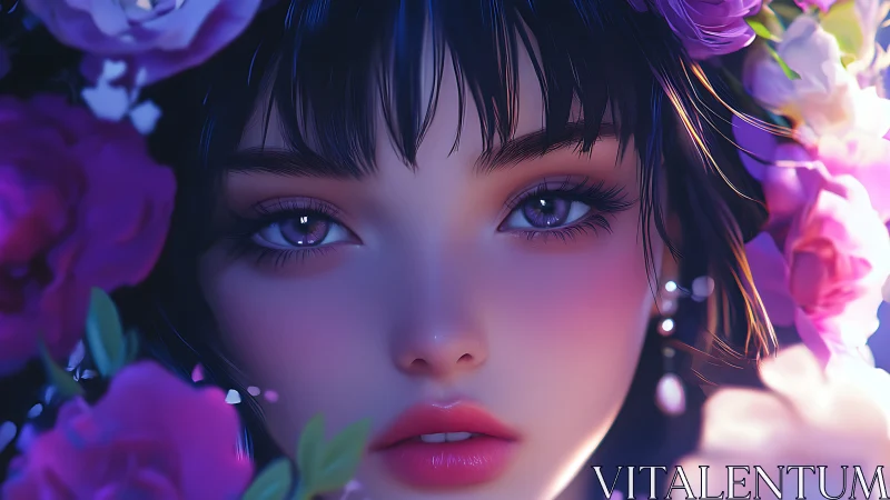 Digital portrait shows stylized female face framed by flowers