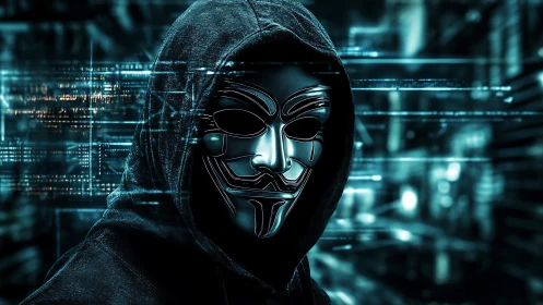 Hooded metallic mask figure against digital code backdrop.
