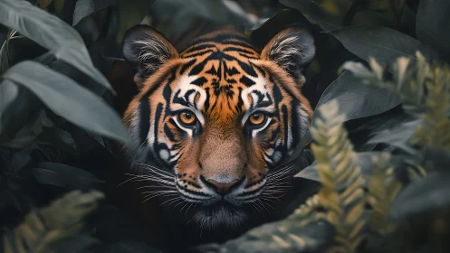 Tiger gaze emerges from dense jungle foliage in silence.