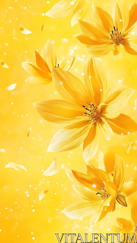 Golden yellow floral abstraction with drifting petals in bokeh field