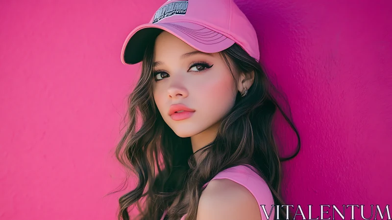 Young woman in pink cap against vivid monochrome wall.