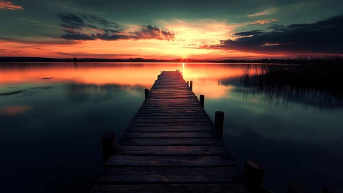 Sunset pier stretching into a mirror-bright twilight lake.
