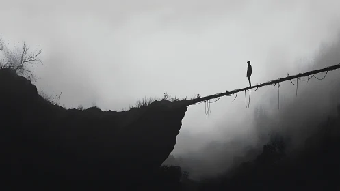 Solitary figure standing on narrow cliff bridge in misty void