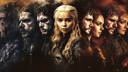 Fantasy ensemble portrait with central blonde female leader.