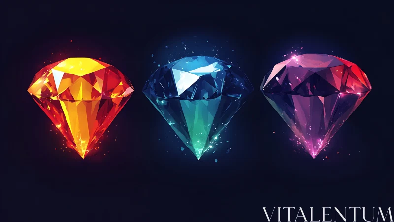 Triple neon gemstones suspended in a dark cosmic void.