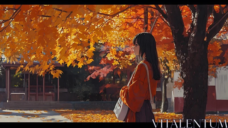 Autumn shrine daydream with a quiet girl in maple firelight.
