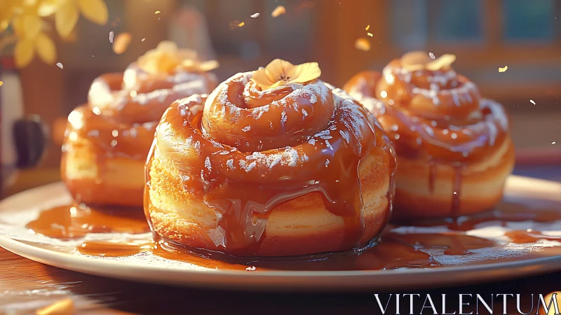 Caramel glazed cinnamon rolls on plate in warm light.