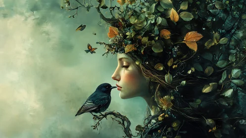 Leaf crowned muse whispering secrets to a midnight bird.
