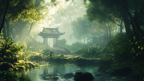 East Asian Pavilion Architecture Nested Within Temperate Forest Canopy.