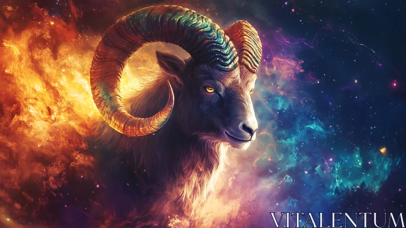 Cosmic ram guardian glowing within swirling stardust sky.