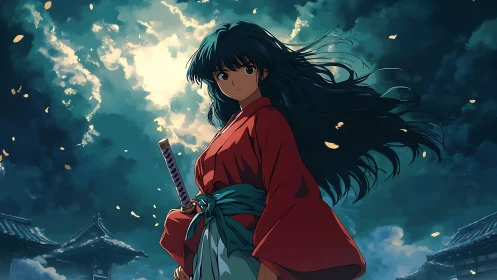 Stormlit samurai girl stands beneath swirling moonlit sky.