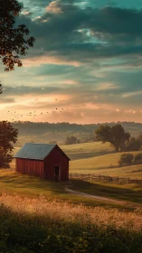 Red barn on rolling farmland under glowing sunset sky.