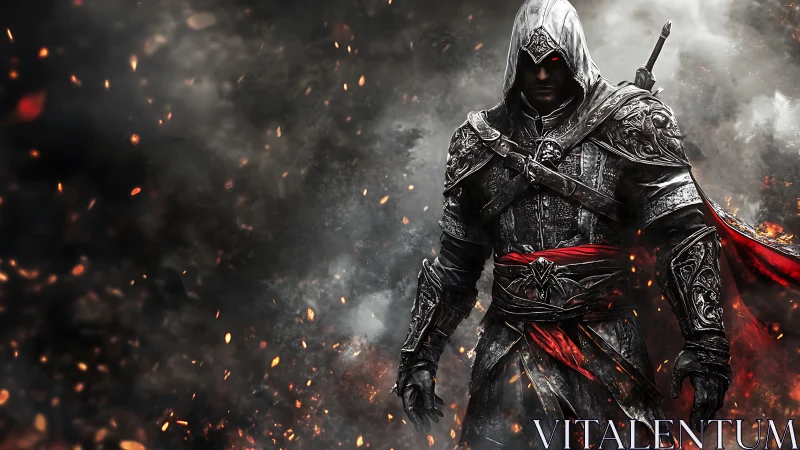 Armored hooded rogue in embers and smoke, red accented gear