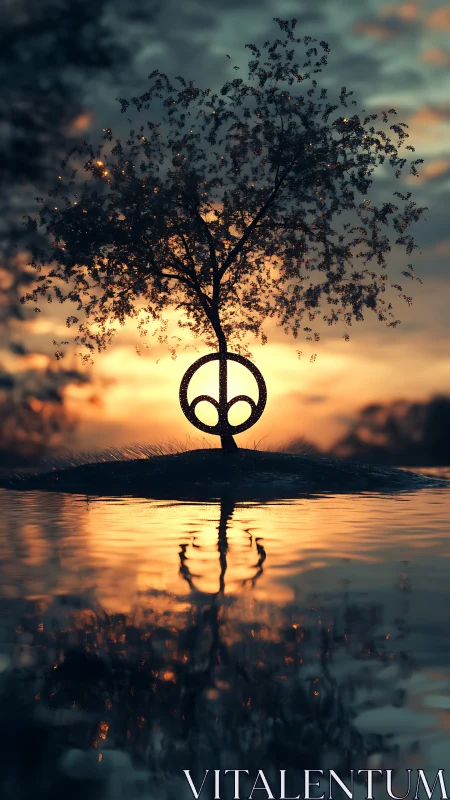 Symbolic tree glows over tranquil water at dreamlike sunset
